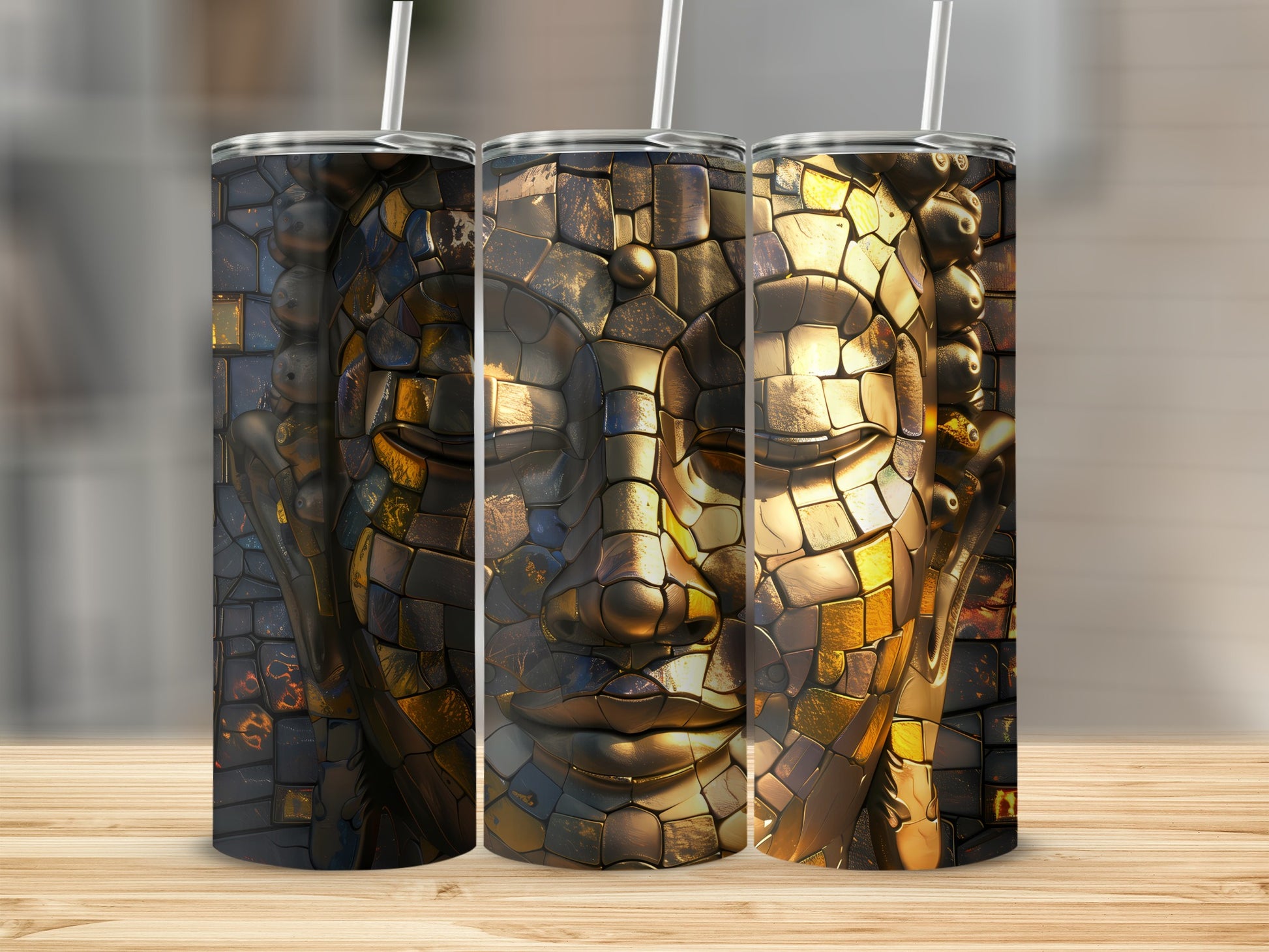 Three tumblers featuring a mosaic Buddha face design.
