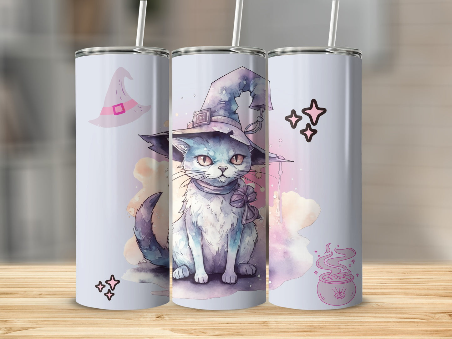 Adorable Witch Cat Tumbler with Hat and Stars Design