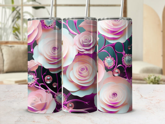 Three tumblers with pink and white roses and sparkling gems.