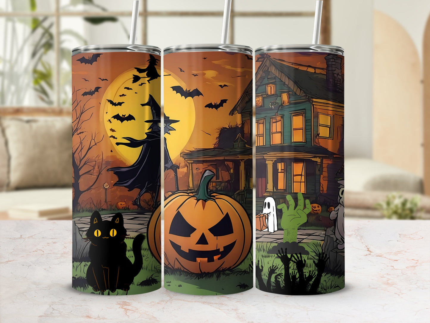 Halloween tumblers with witch, bats, black cat, jack-o'-lantern, ghost, and haunted house design.