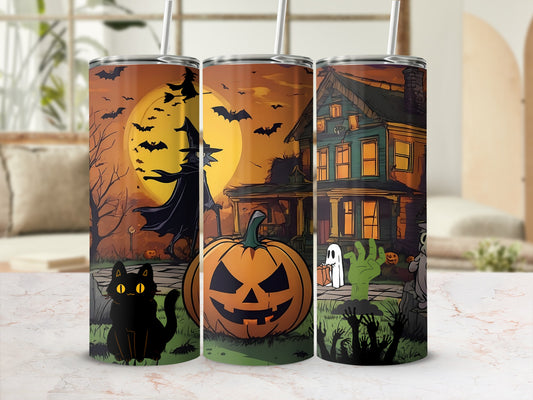 Halloween tumblers with witch, bats, black cat, jack-o'-lantern, ghost, and haunted house design.