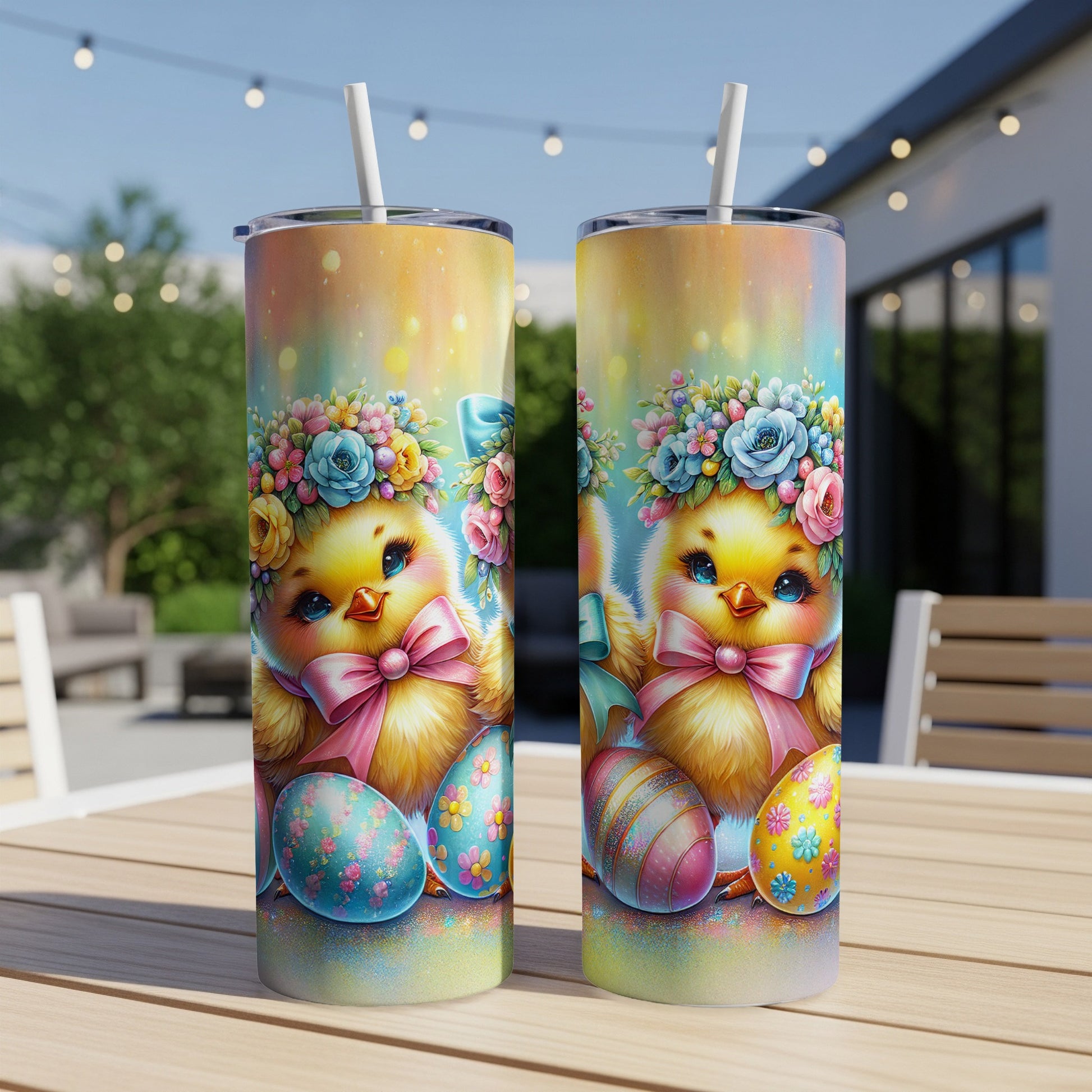 Two Easter chick tumblers with floral wreaths and colorful eggs.
