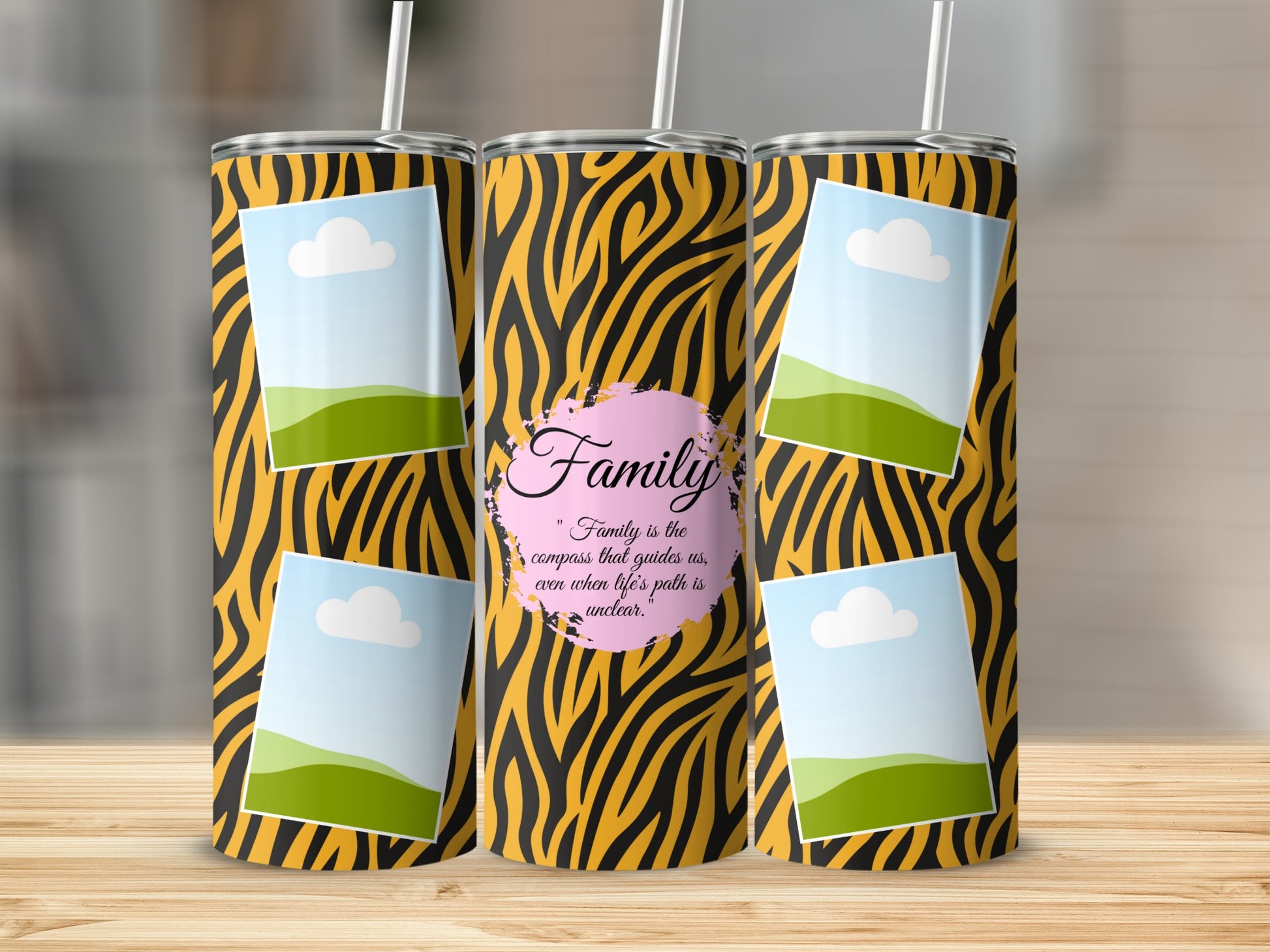 Tumbler with tiger stripes, photo frames, and "Family" quote.