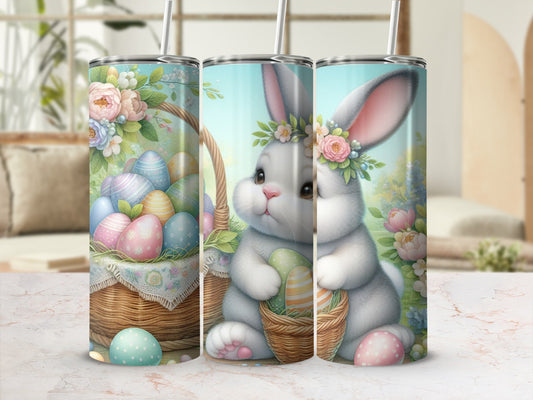 Easter bunny with basket of decorated eggs and spring floral background.