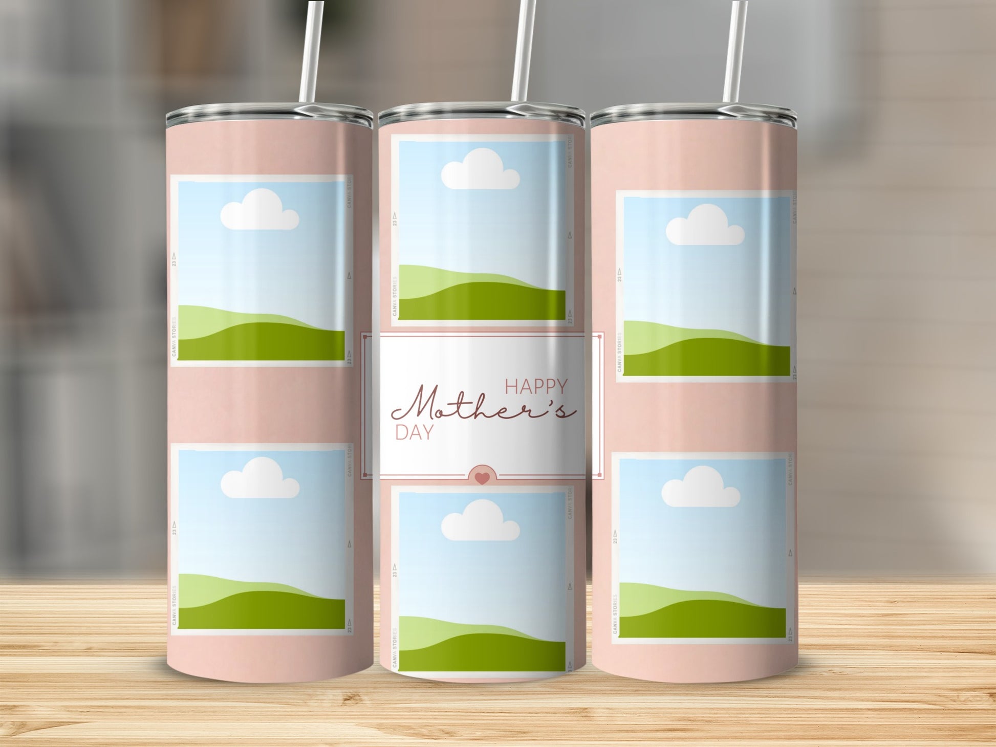 Pink tumbler with "Happy Mother's Day" and photo placeholders.