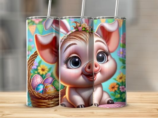 Cartoon piglet wearing bunny ears and holding an Easter basket.