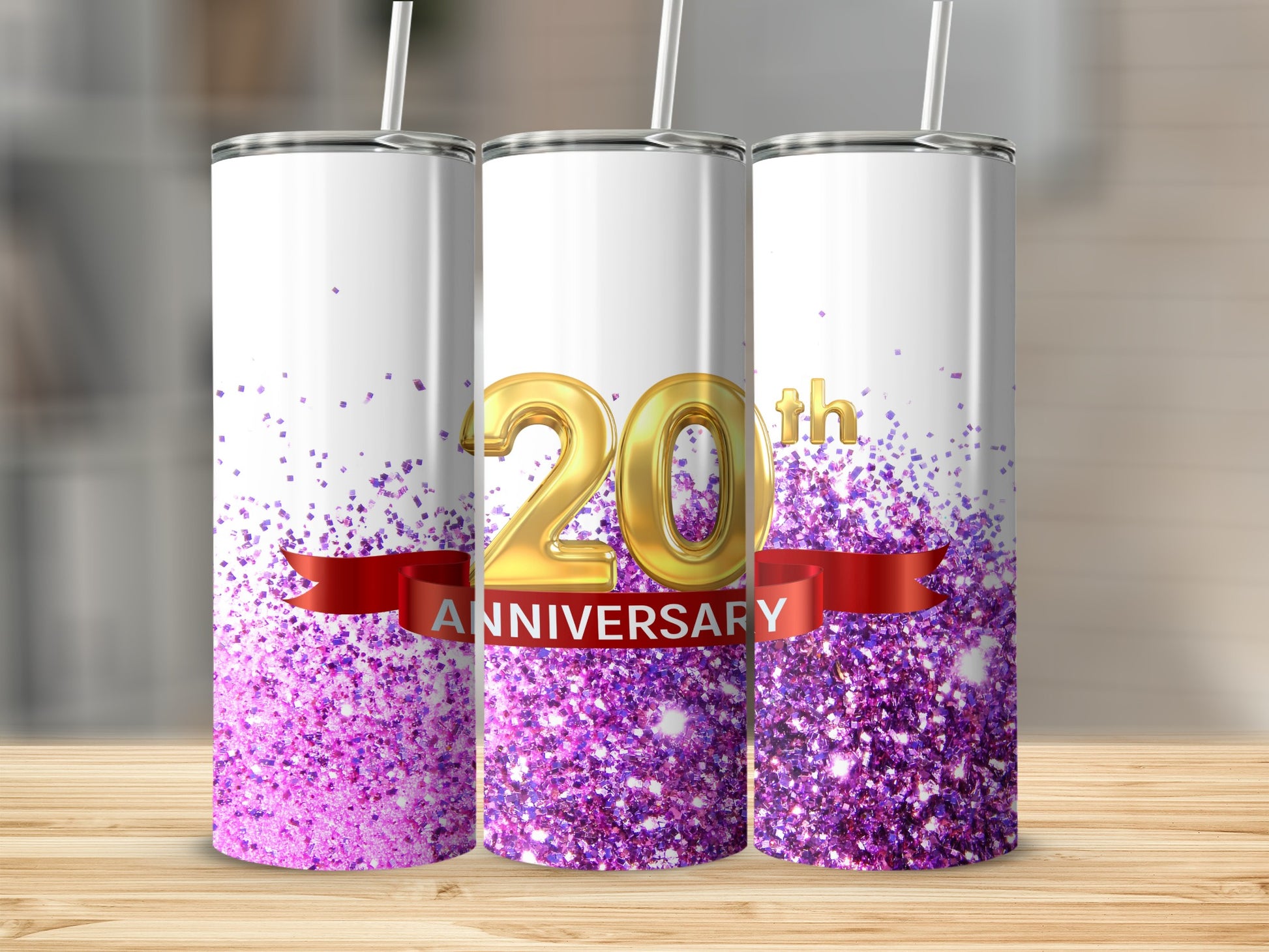 20th Anniversary tumbler with purple glitter and red ribbon.