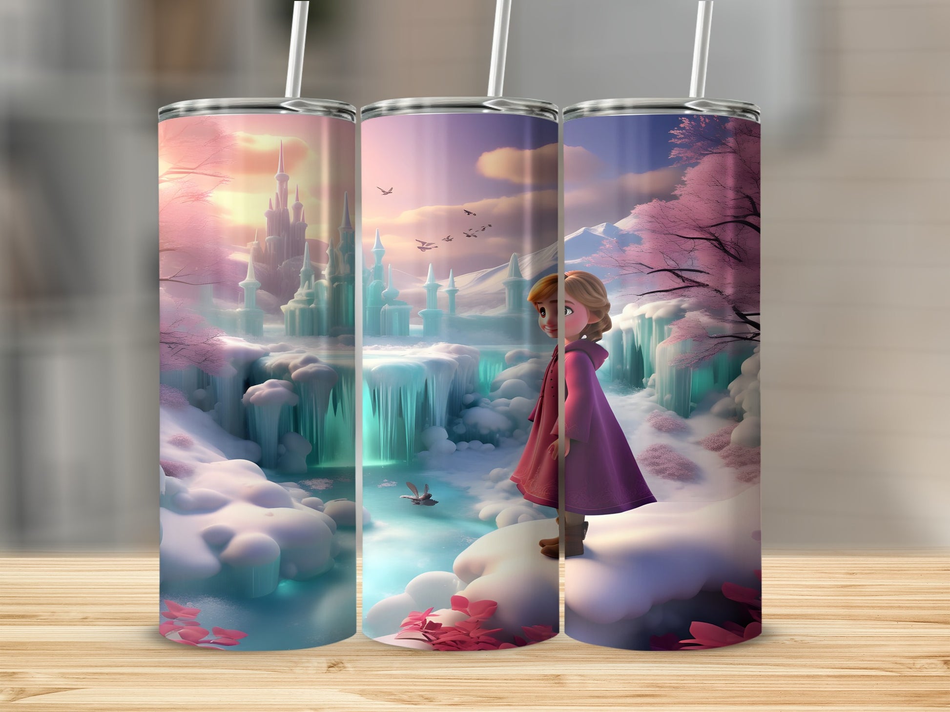 Anna from Frozen standing in front of an ice castle with pink trees.