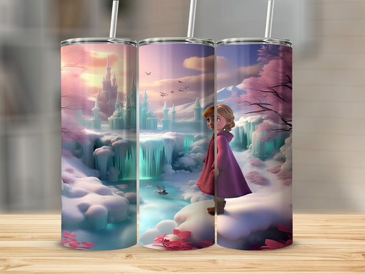Anna from Frozen standing in front of an ice castle with pink trees.