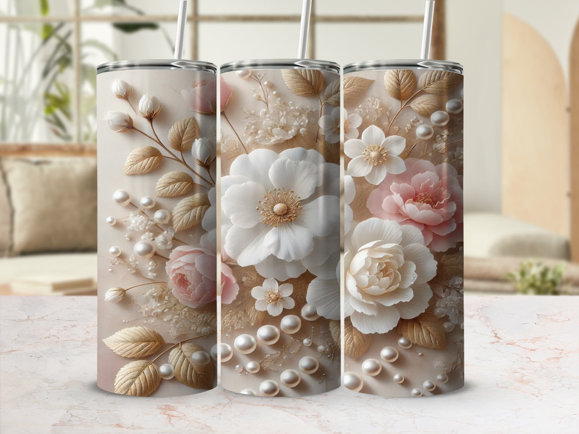 Floral and Pearl Decorative Travel Tumbler Cups