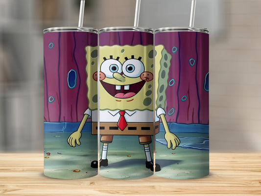 SpongeBob SquarePants character standing in front of a colorful background.