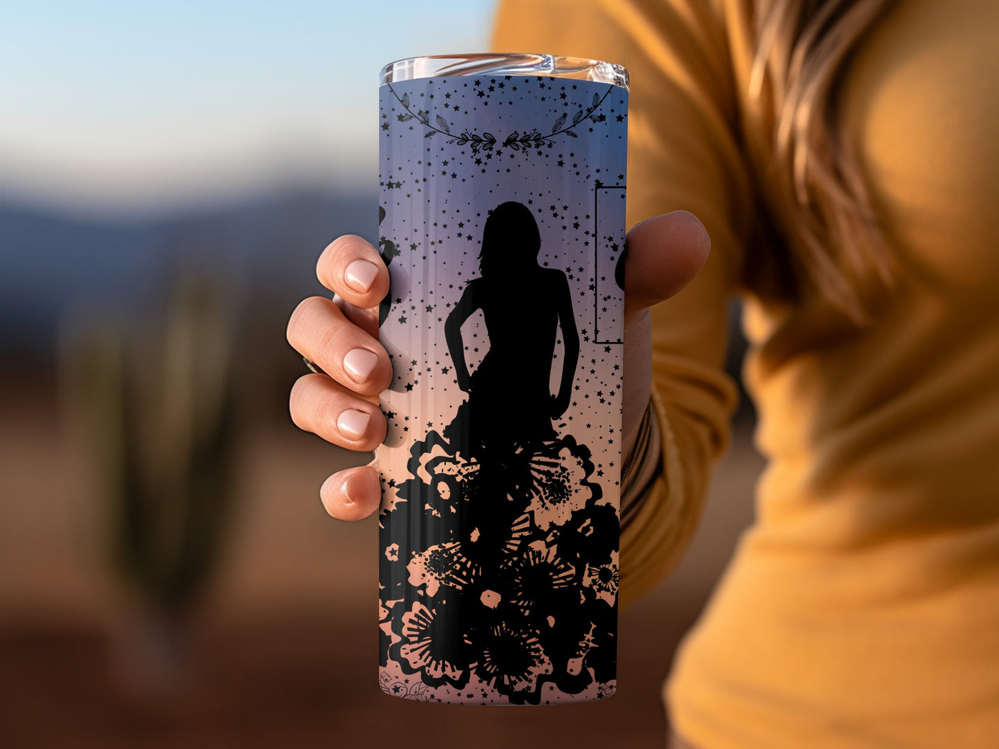Silhouette Woman with Flowers and Stars Tumbler