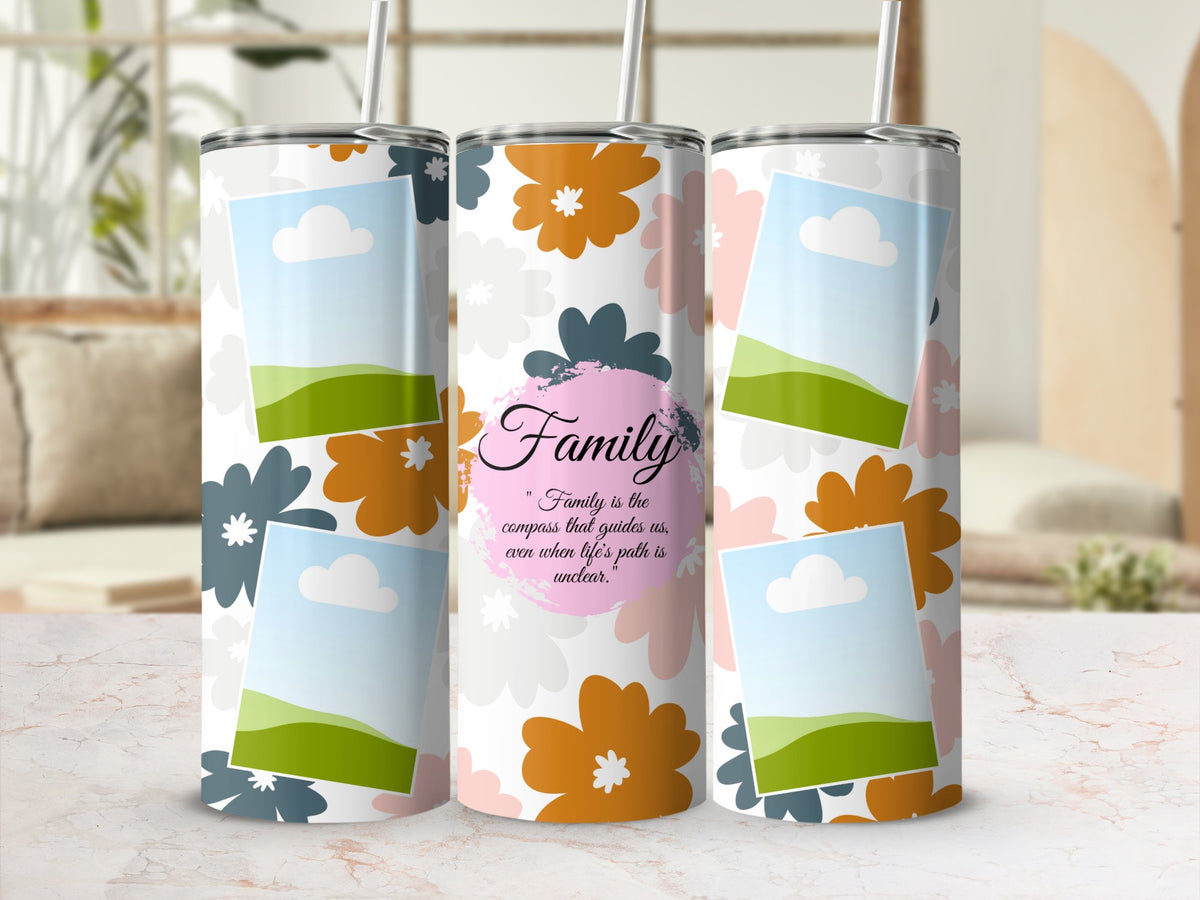 Tumblers with a floral pattern and framed picture placeholders, featuring the word "Family".
