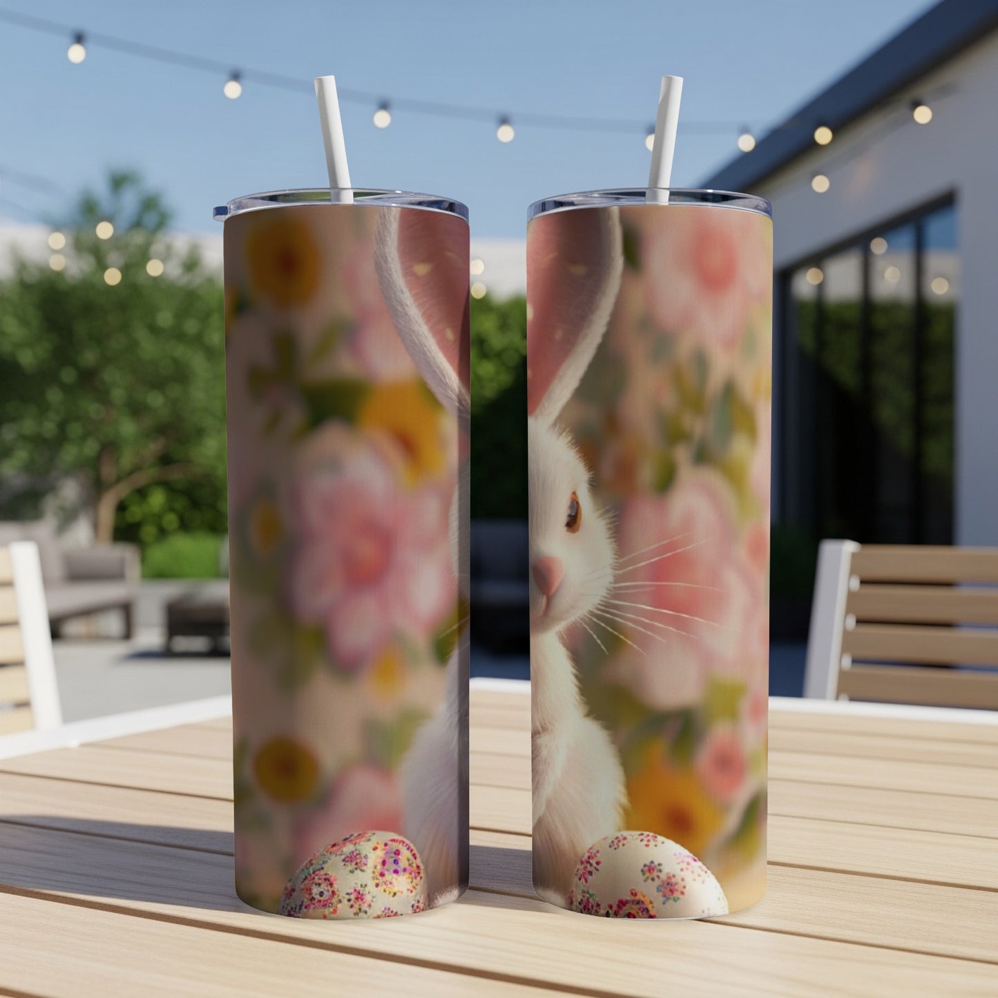 White Easter bunny on a tumbler with floral background and patterned eggs.