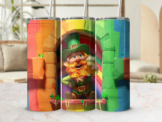 Three rainbow arch tumblers featuring a leprechaun holding a beer.