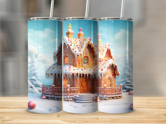 Three tumblers show a whimsical gingerbread house with candy decorations in a snowy forest.