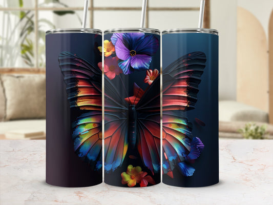 Butterfly and flower design on three tumblers.
