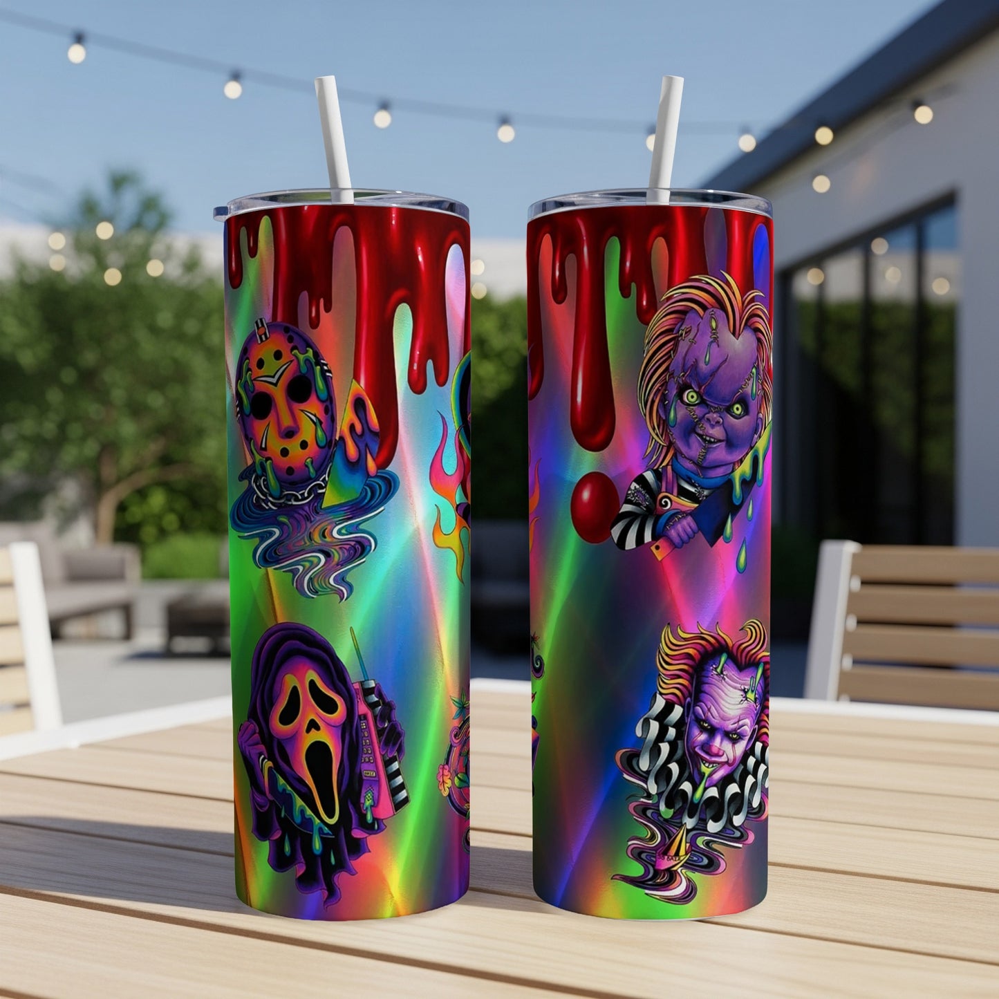 Two tumblers with horror characters, dripping red accents, and holographic backgrounds.