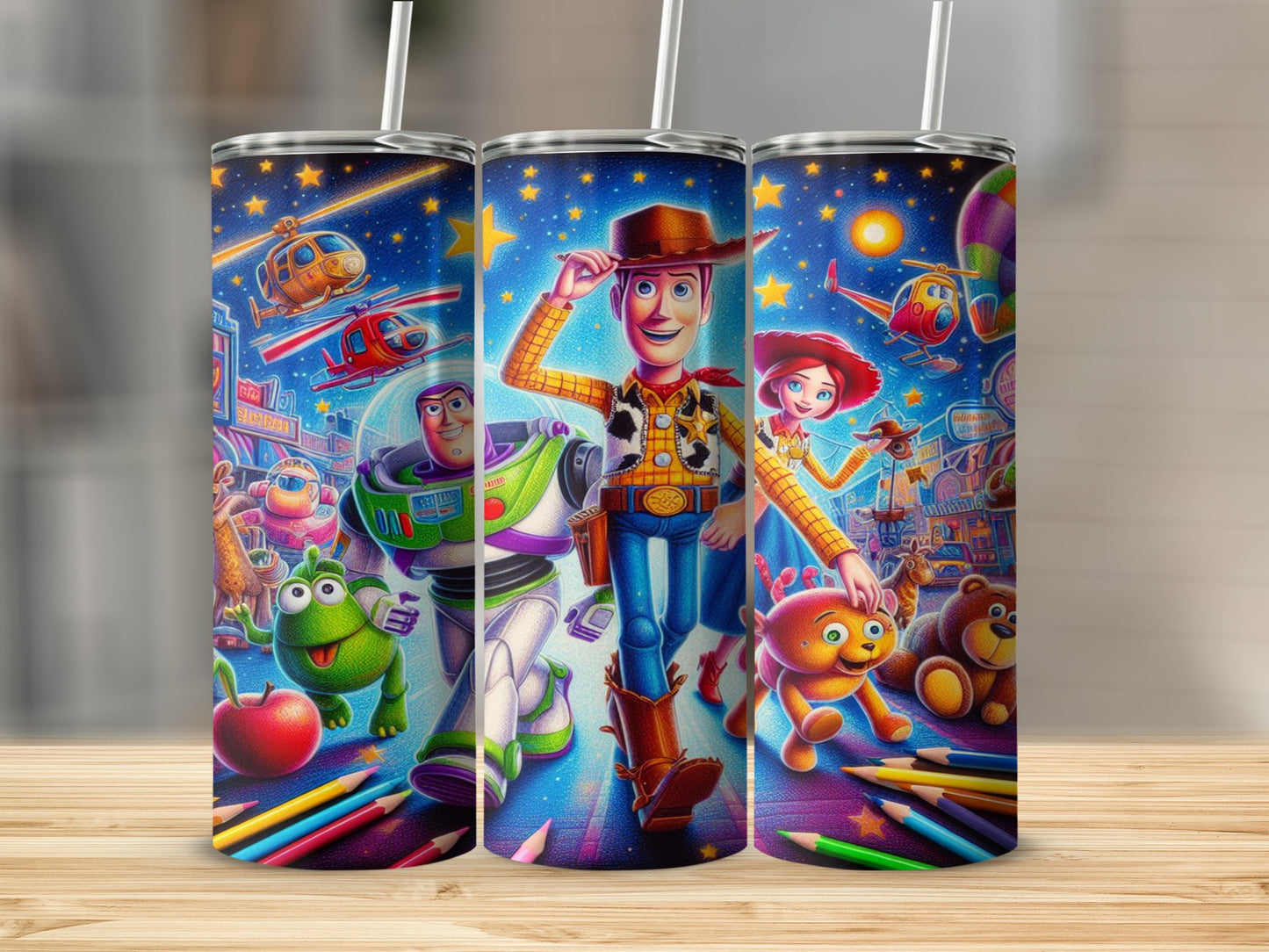 Woody, Buzz Lightyear, and friends from Toy Story on a colorful, starry background.