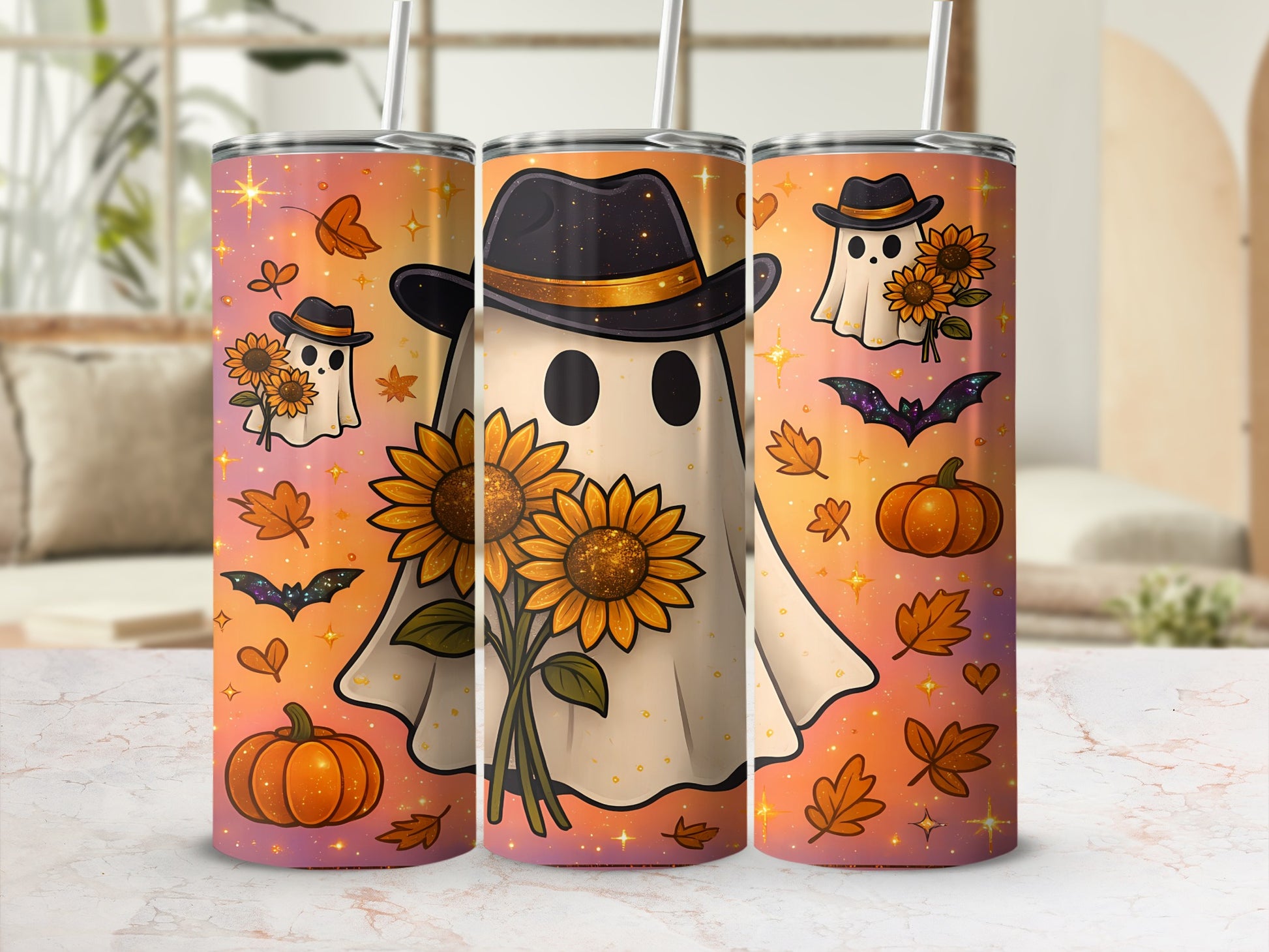 Three tumblers featuring cartoon ghosts wearing hats and holding sunflowers, with pumpkins and autumn leaves.