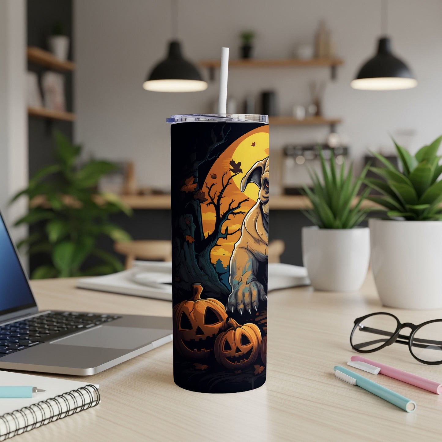 Halloween tumbler with a dog, pumpkins, and moon on a dark, spooky background.