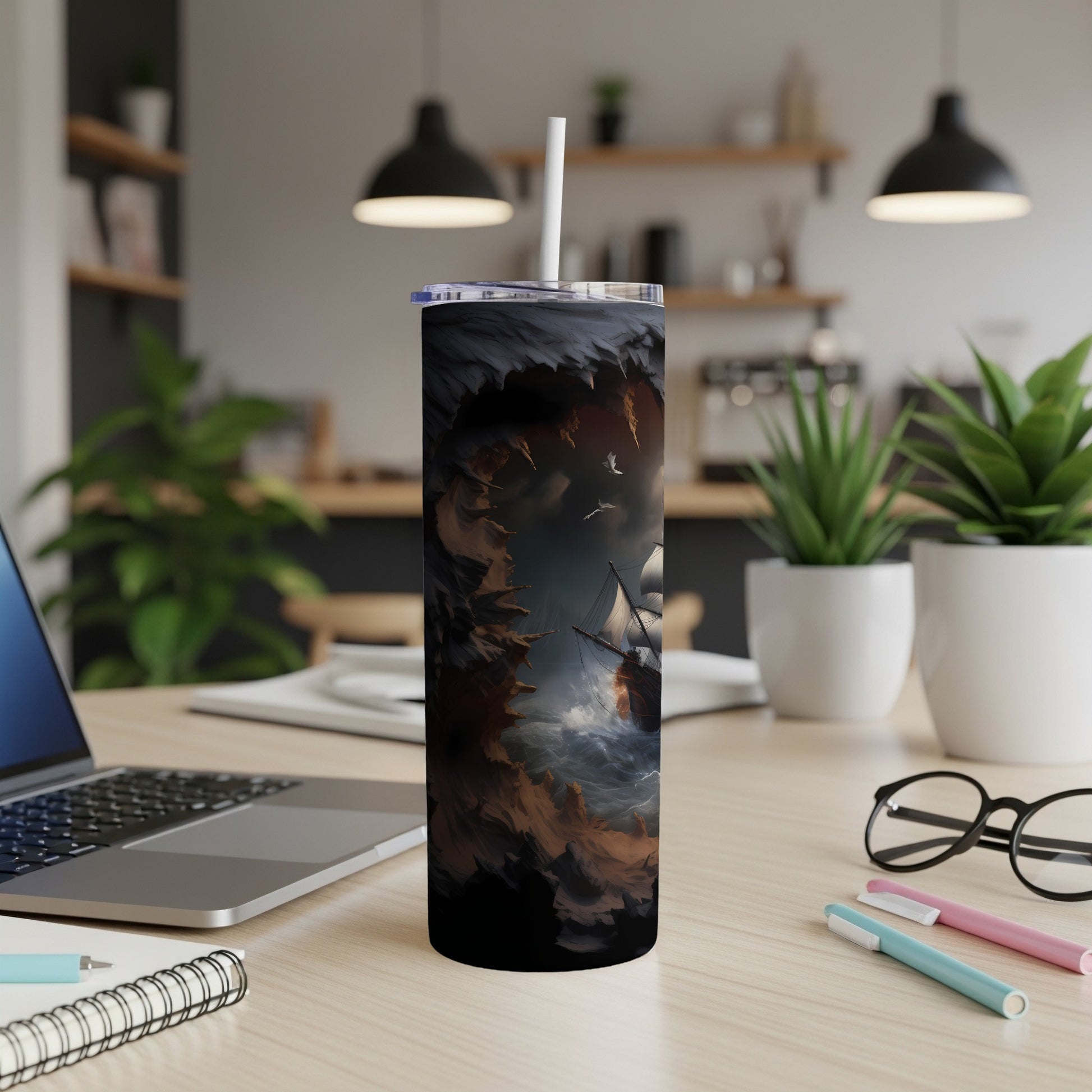 A vintage ship sails through stormy seas on a dark, textured tumbler.