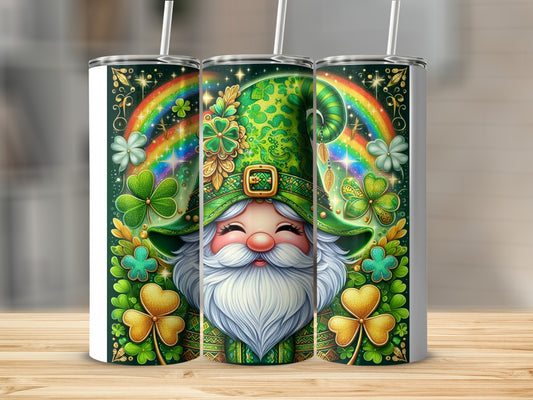 Green gnome with rainbow and shamrocks on a tumbler.
