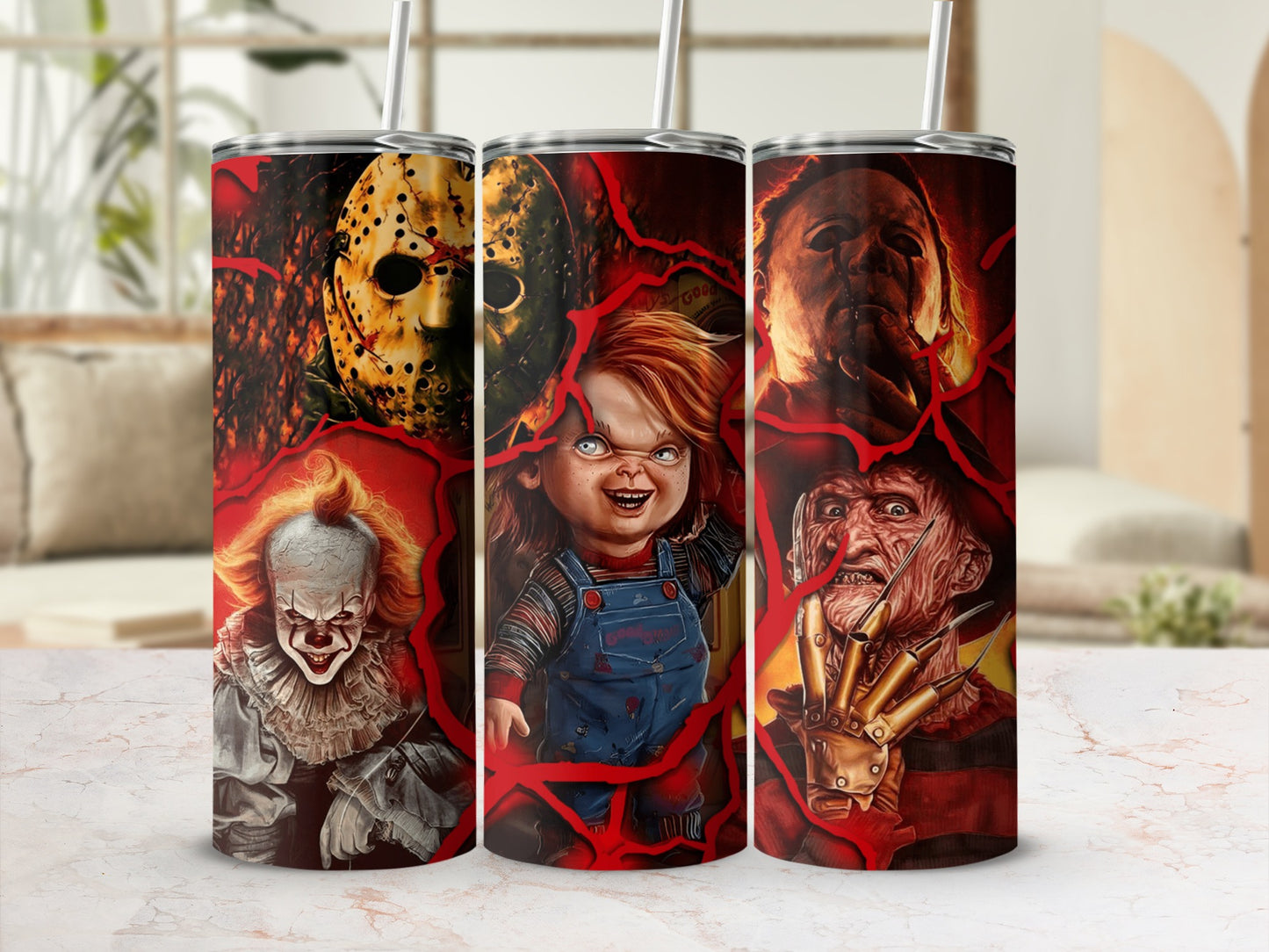 Horror villains Jason Voorhees, Pennywise, Chucky, Michael Myers, and Freddy Krueger on tumblers.