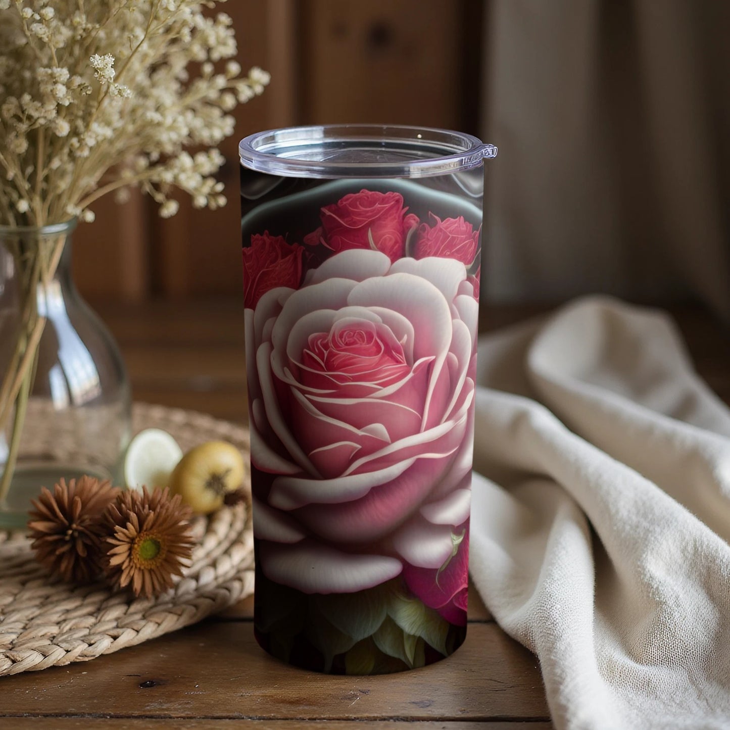 Pink and White Rose Floral Design Tumbler Cup