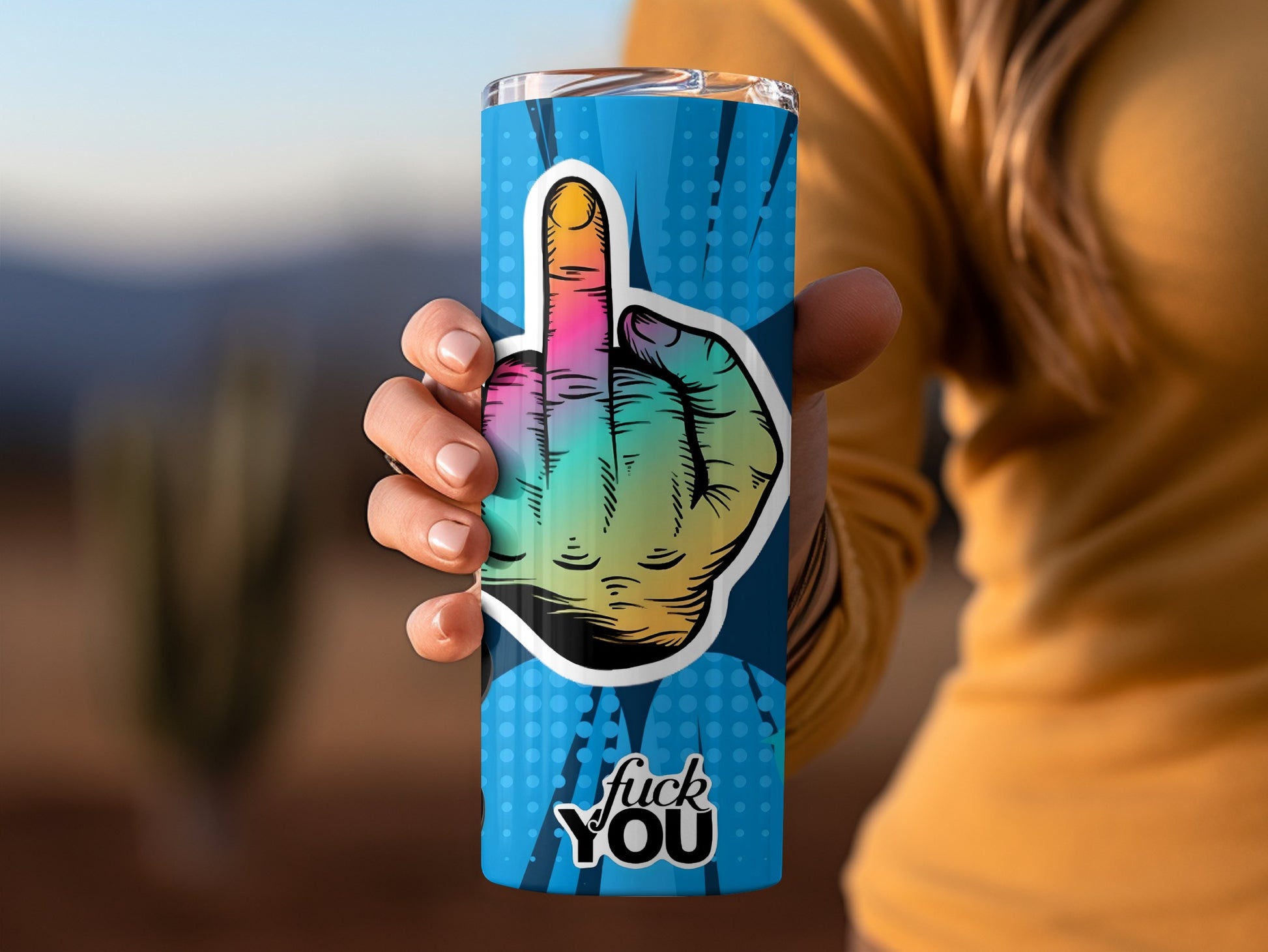 Colorful Hand Gesture Tumbler with Bold Statement Design