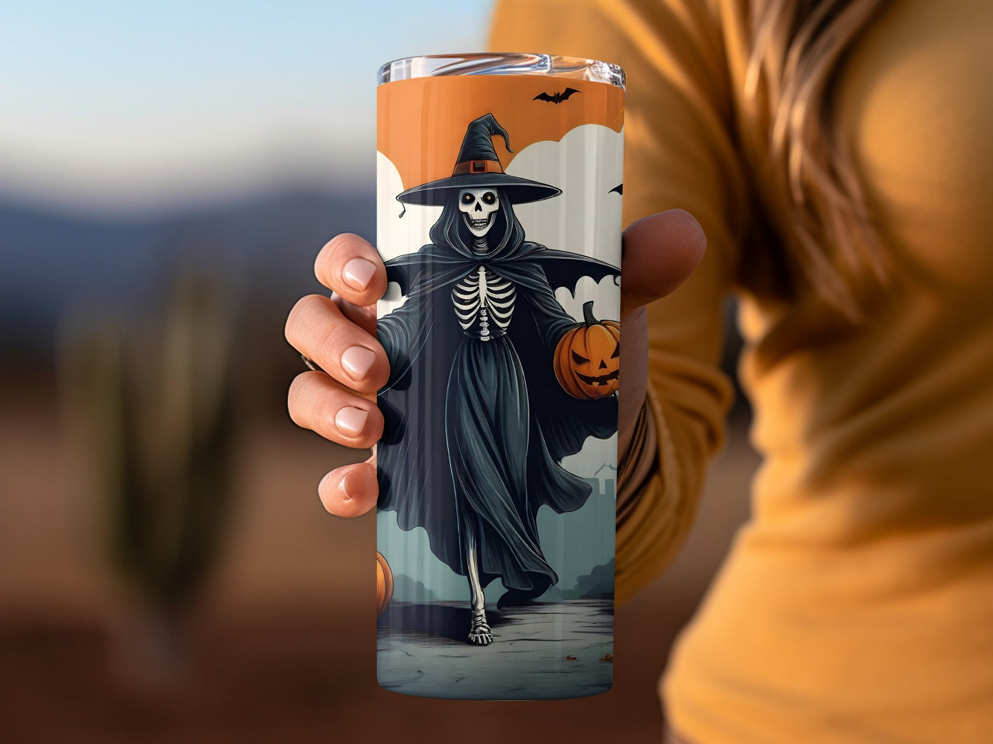Halloween Skeleton Witch Tumbler with Pumpkins Design