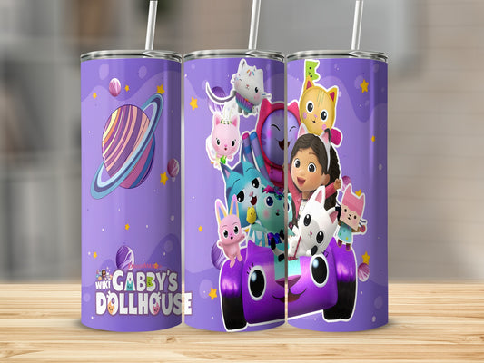 Gabby's Dollhouse tumbler with characters and planets on a purple background.