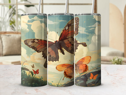 Three tumblers featuring large butterflies and a landscape scene.