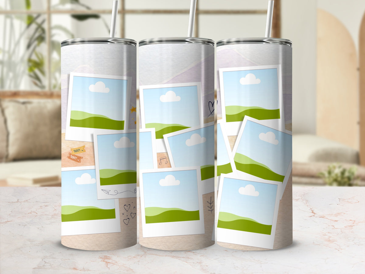 Three tumblers with a collage of instant photos featuring landscapes and hand-drawn doodles.