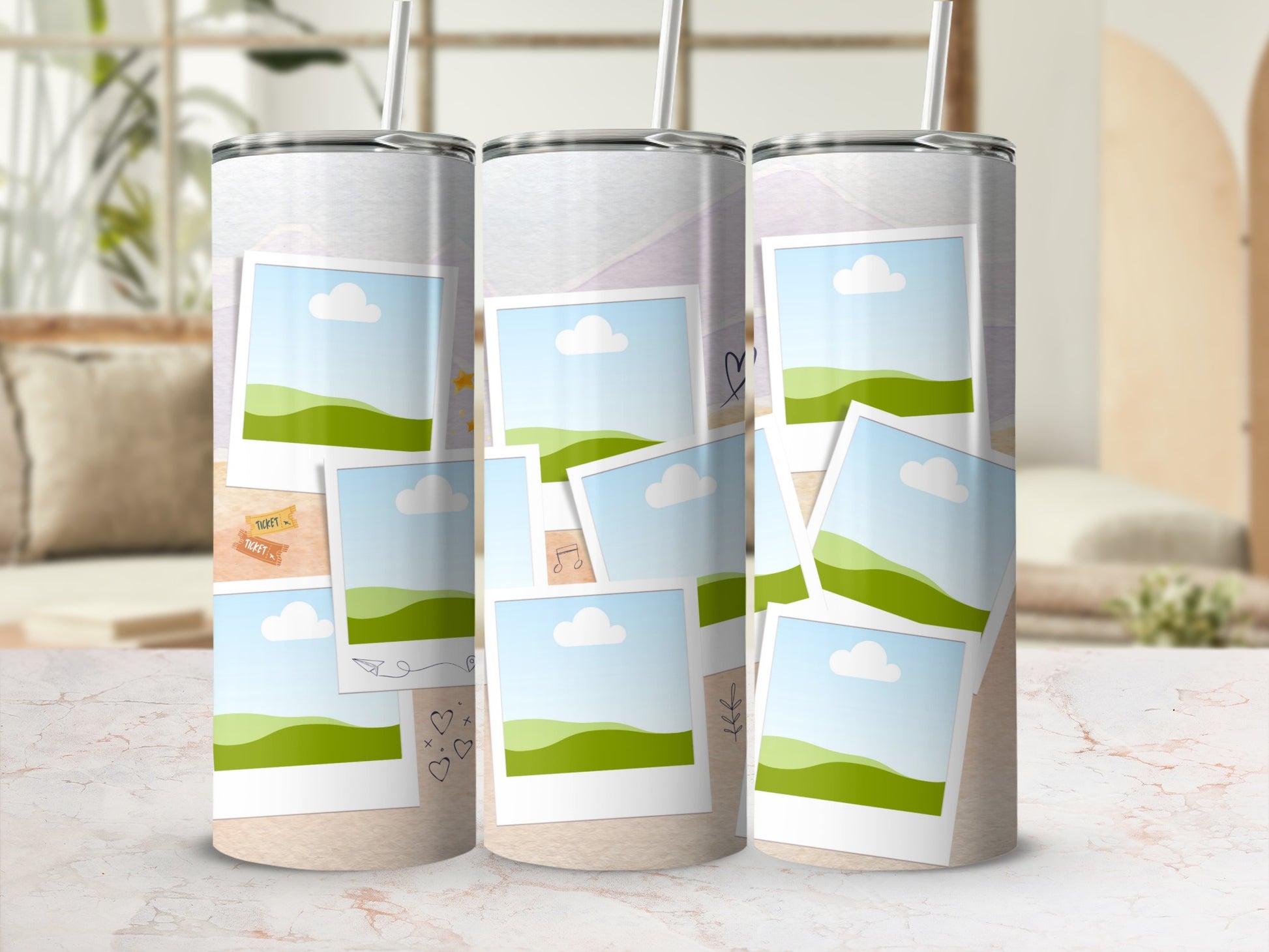 Three tumblers with a collage of instant photos featuring landscapes and hand-drawn doodles.