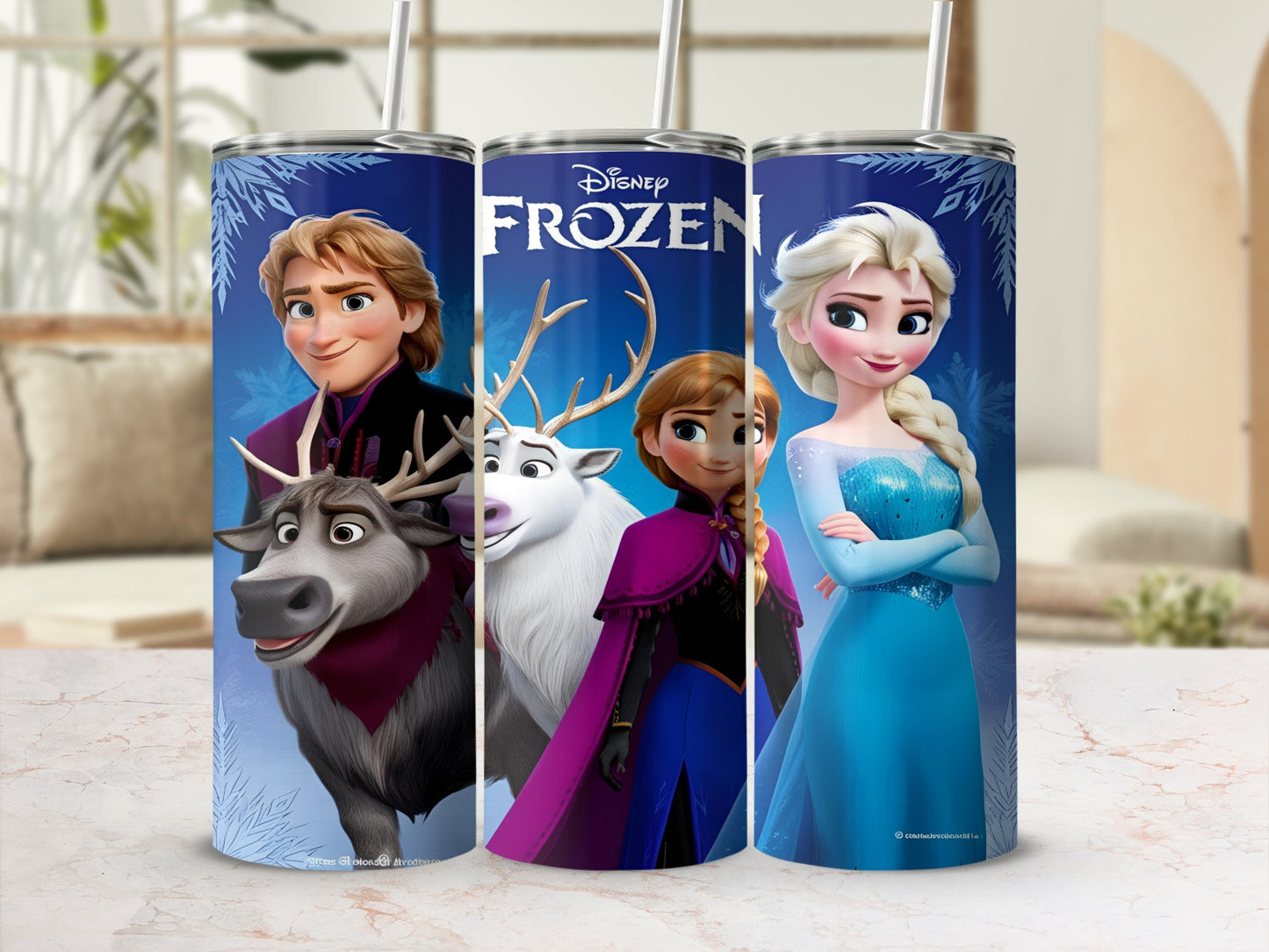 Frozen characters Kristoff, Sven, Anna, and Elsa on a blue tumbler with Disney logo.