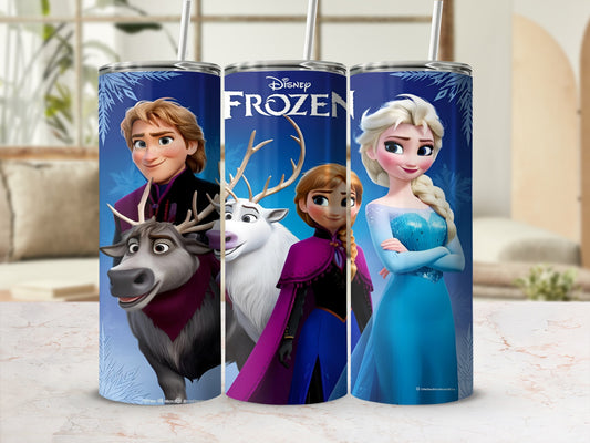 Frozen characters Kristoff, Sven, Anna, and Elsa on a blue tumbler with Disney logo.