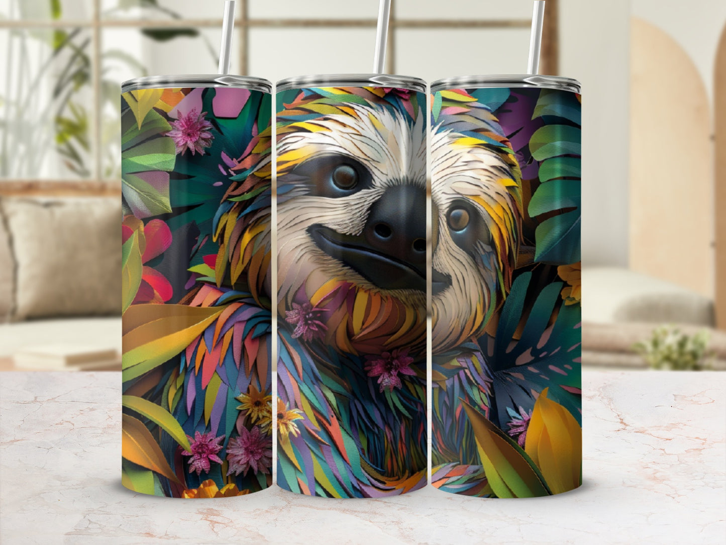 Sloth in colorful floral jungle pattern on a tumbler with straw.
