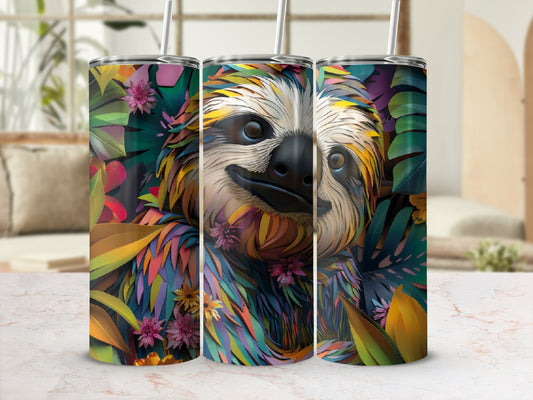 Sloth in colorful floral jungle pattern on a tumbler with straw.