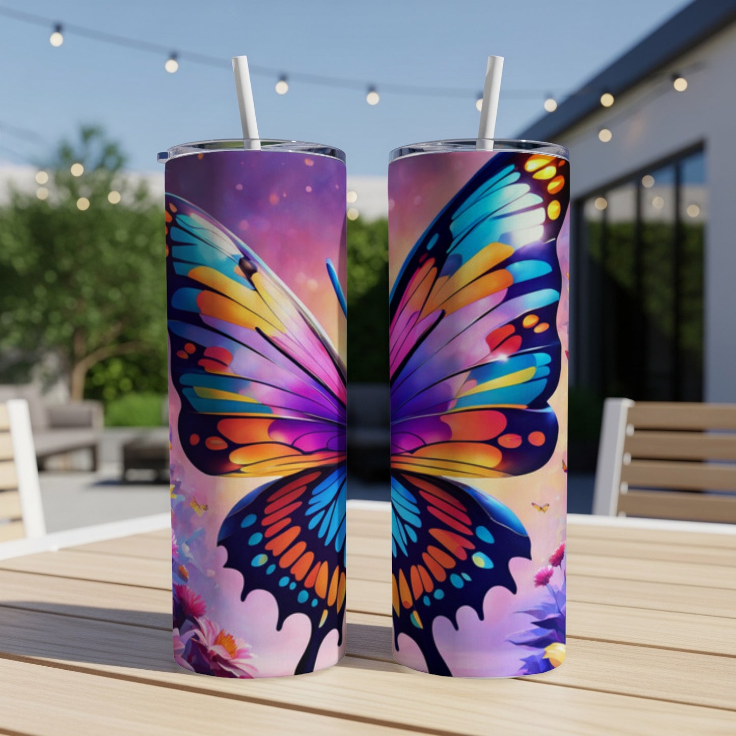 Two tumblers with a colorful butterfly wing design on a wooden table.