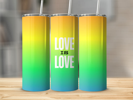 Three tumblers with rainbow gradient and "Love is Love" text.