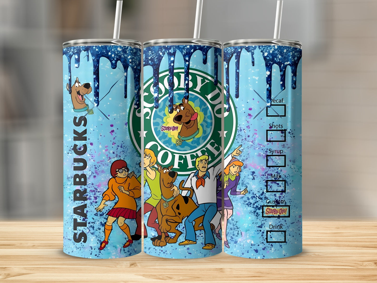Scooby-Doo characters on Starbucks-themed skinny tumbler with drink customization options.