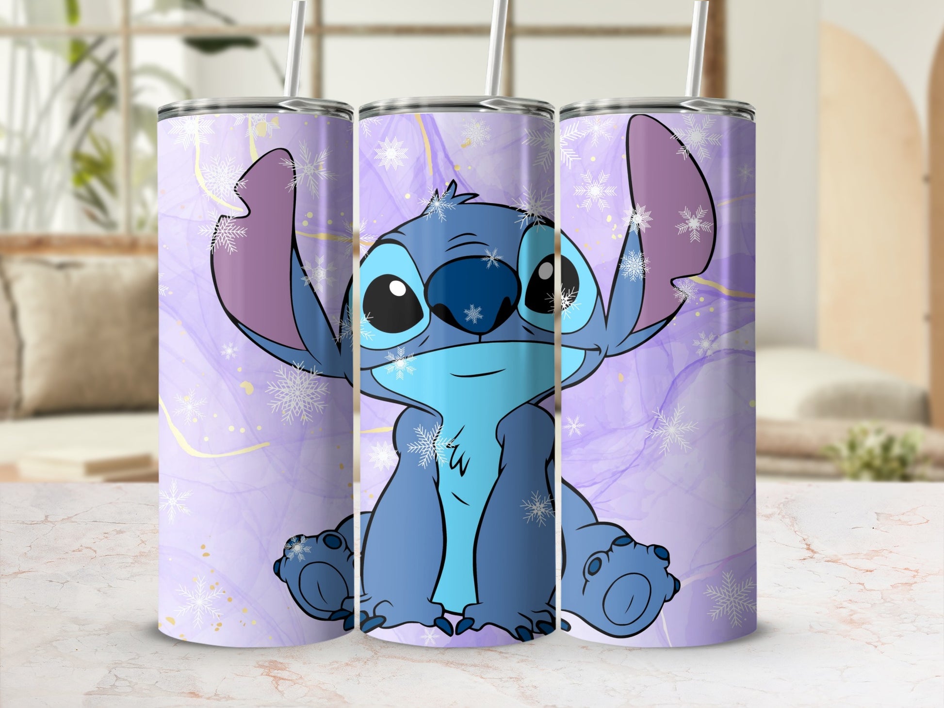 Cute Blue Alien Tumbler with Purple Snowflake Design