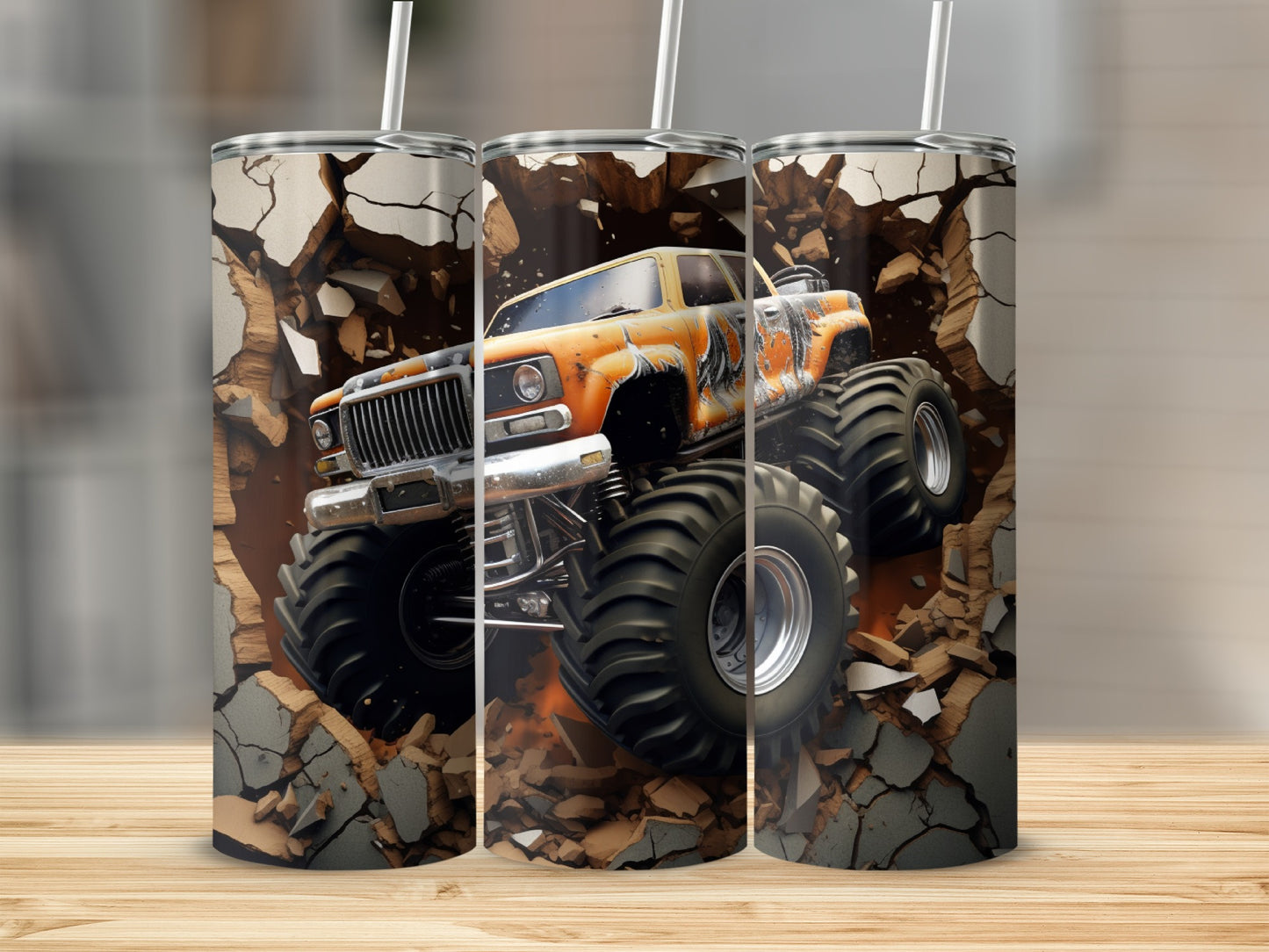 Monster Truck Smashing Through Wall Tumbler Cup