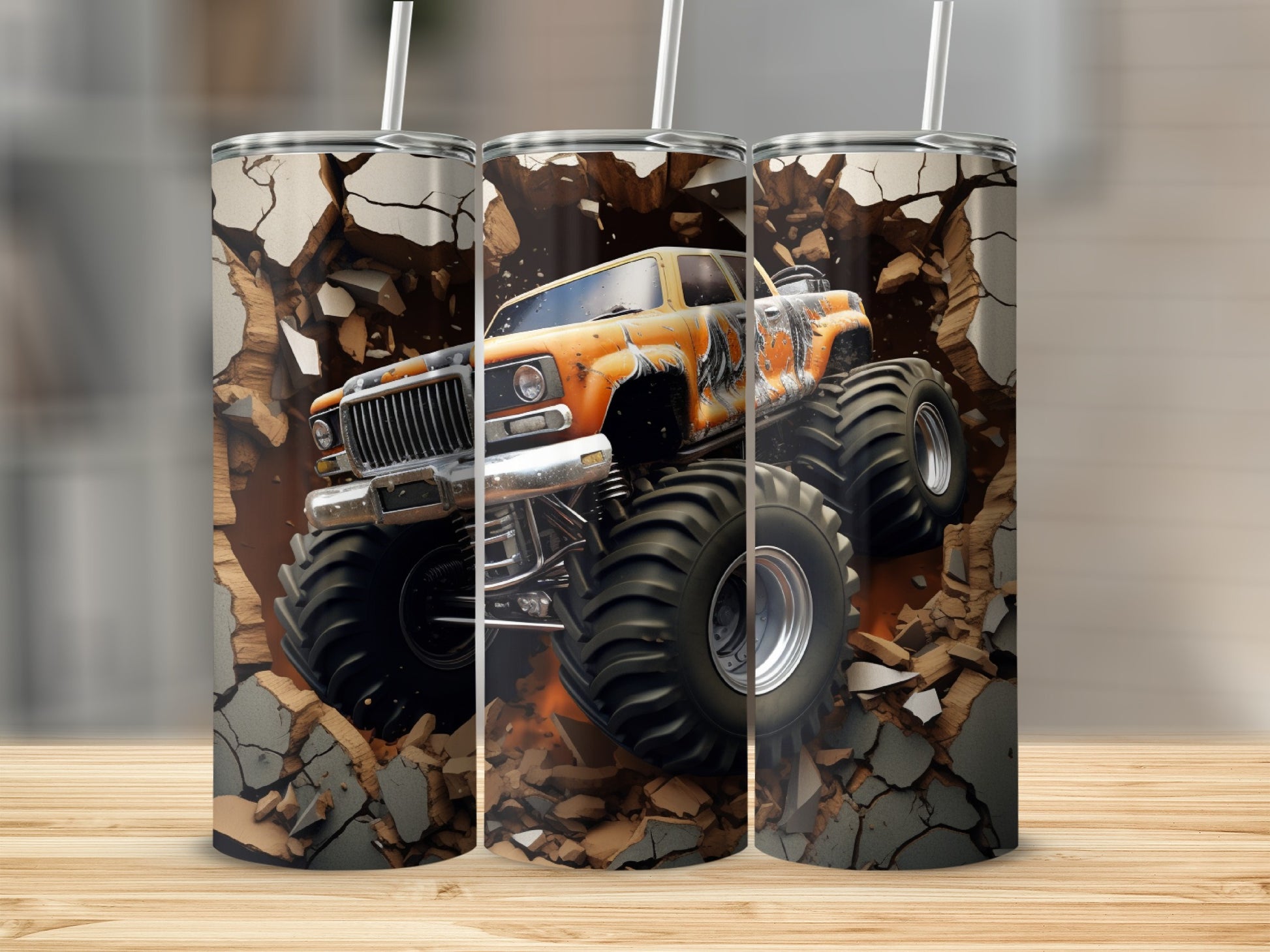 Monster Truck Smashing Through Wall Tumbler Cup