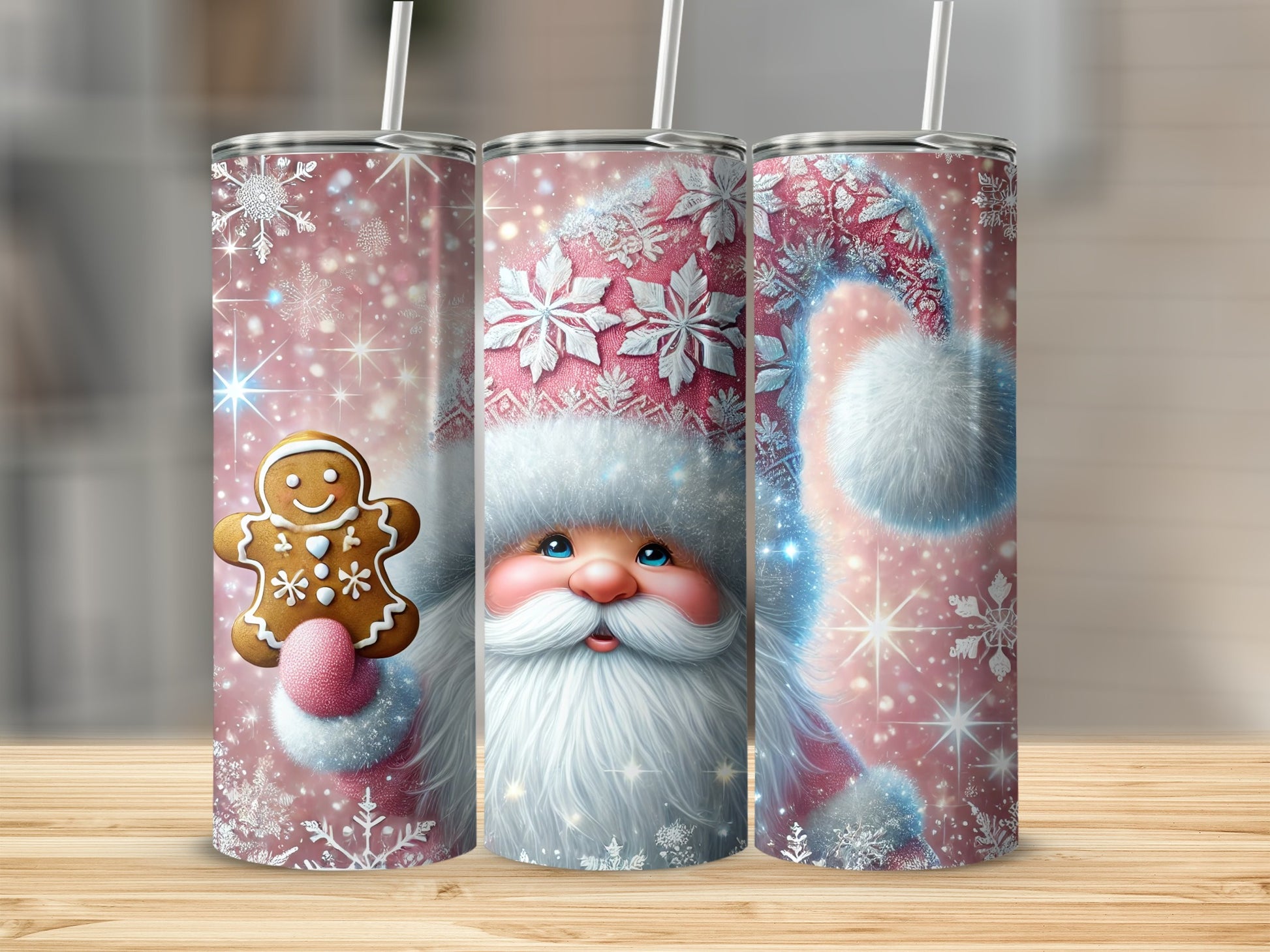 Santa Claus holding a gingerbread man on a festive pink tumbler.
