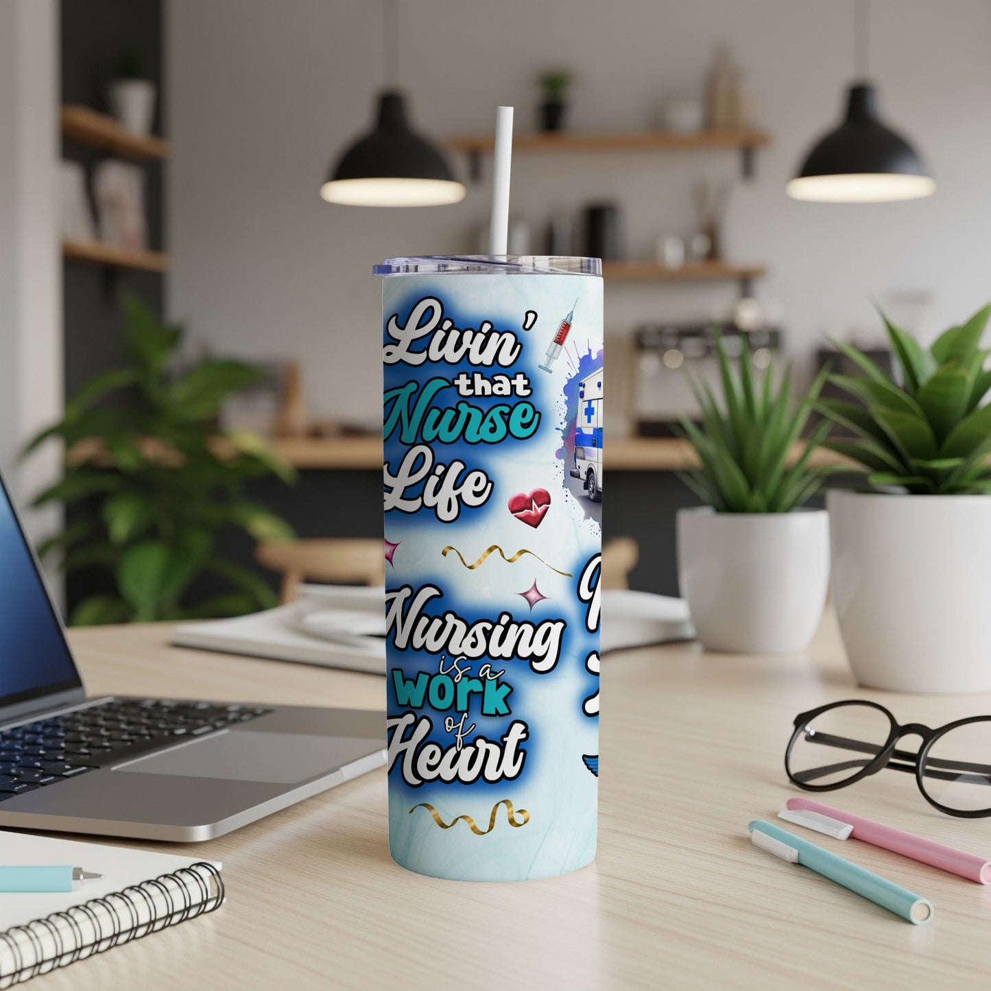 Tumbler with text "Livin' that Nurse Life" and nurse graphic.