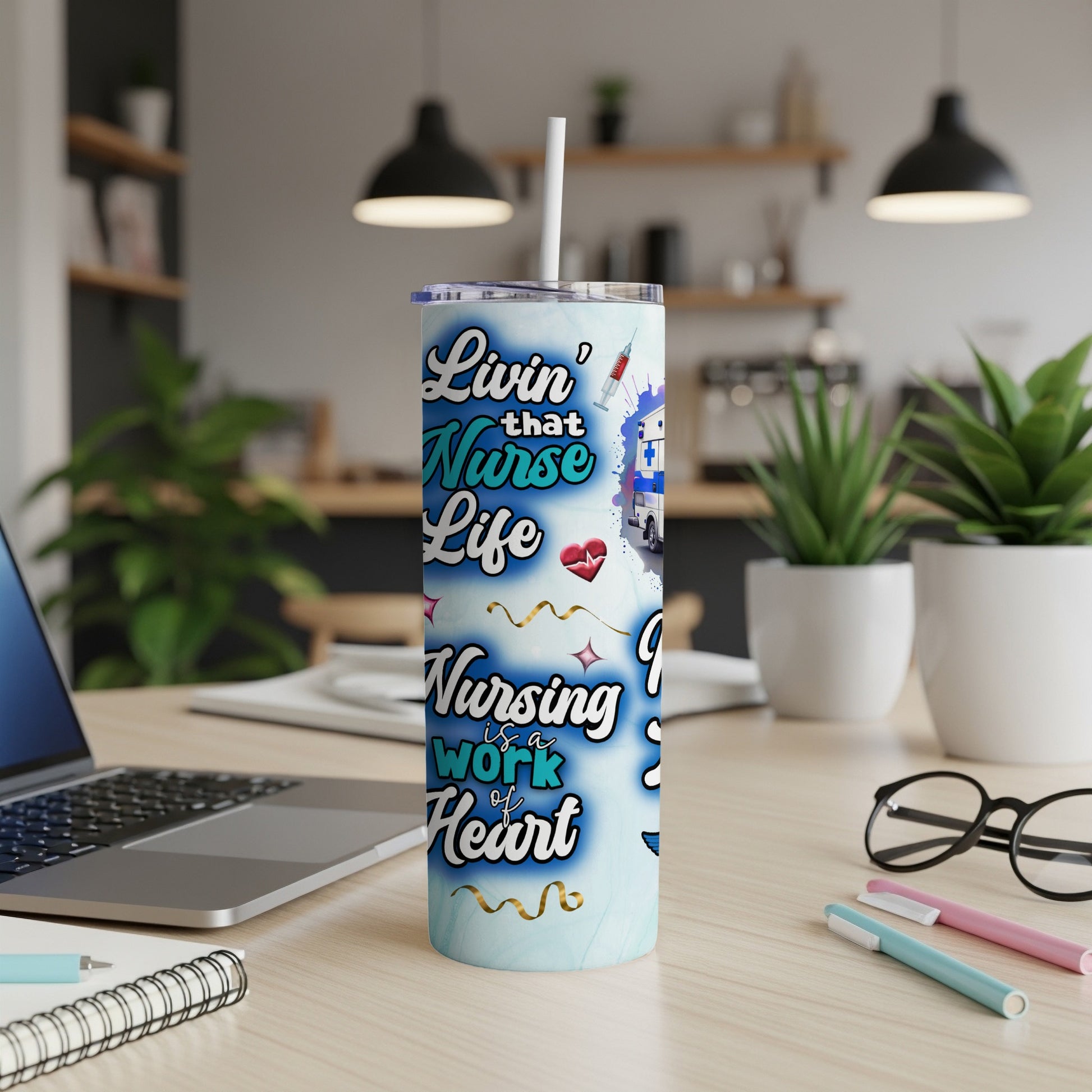 Tumbler with text "Livin' that Nurse Life" and nurse graphic.
