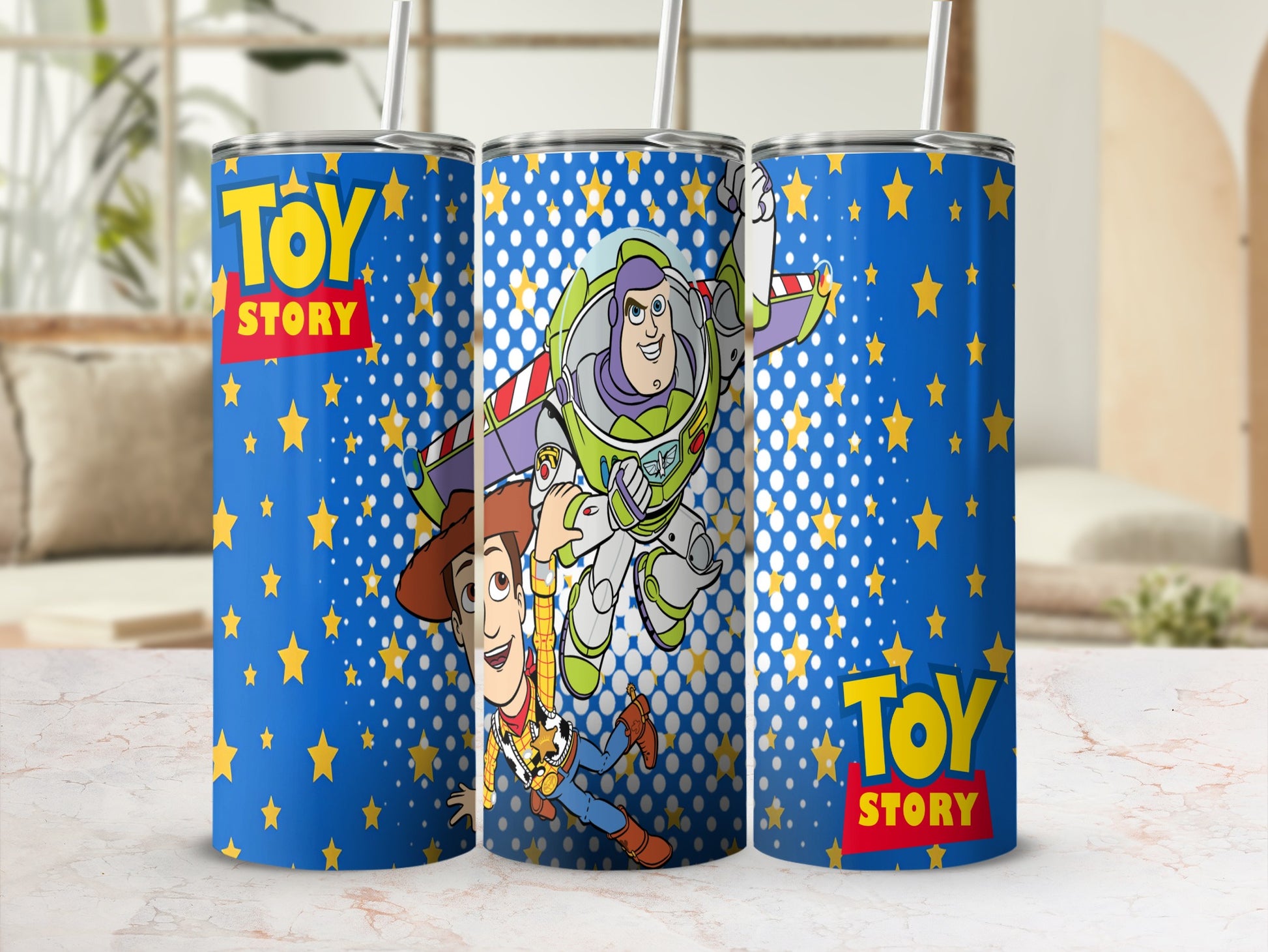 Toy Story characters Woody and Buzz Lightyear on a blue tumbler with yellow stars.