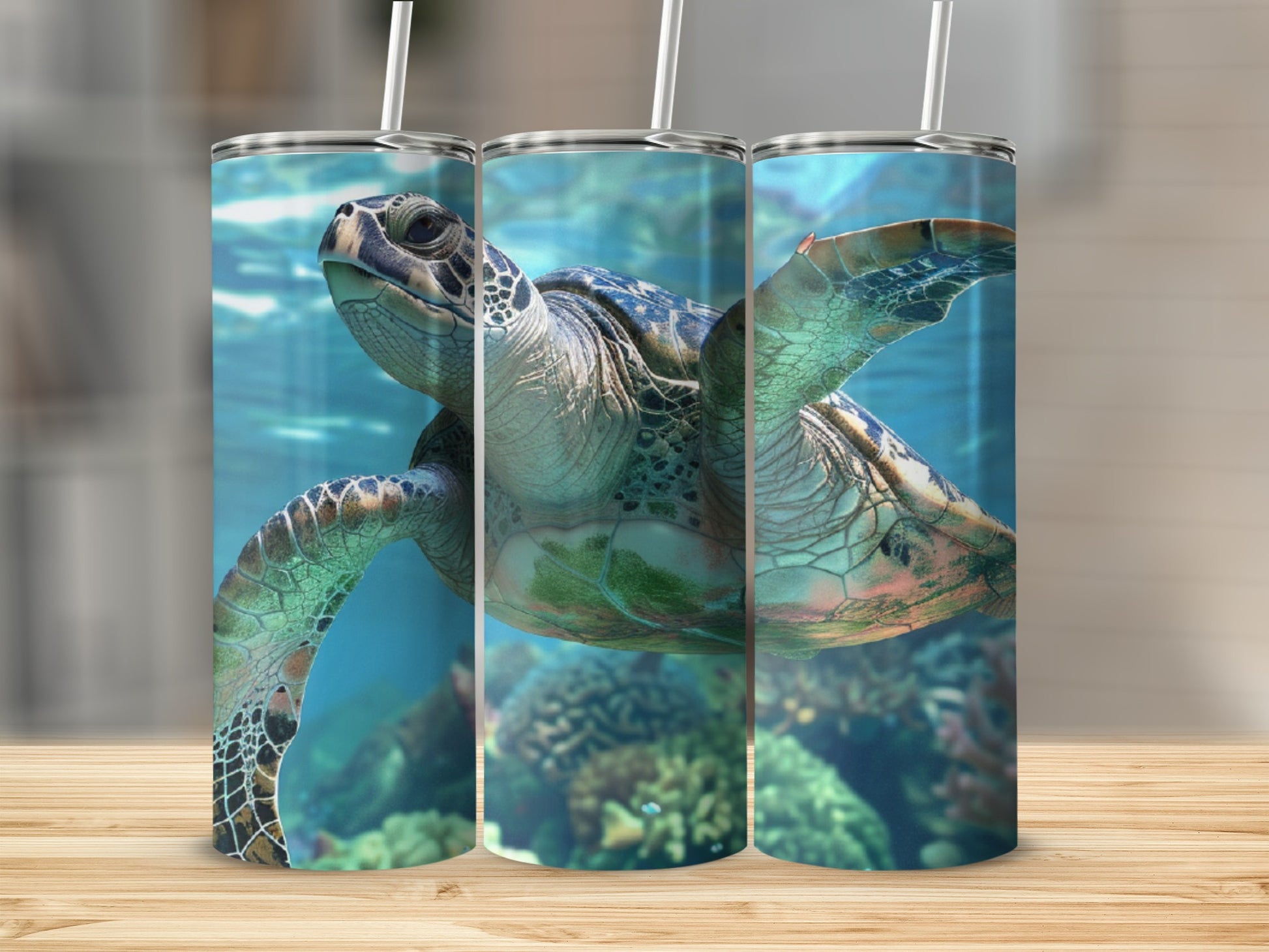 Sea turtle swimming underwater, close-up view, with coral reef background.